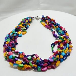 Lucas Lameth, Sterling Colorful Glass Bead Necklace 6 Strands Blue Yellow Pink